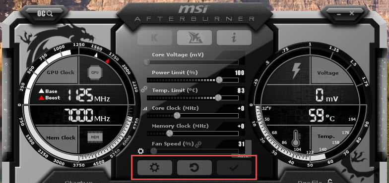 MSI Afterburner Screenshot Settings Reset Apply